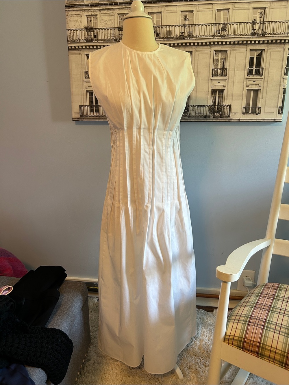 Mango Sleeveless White Midi Dress with Vertical Pleats- like new never worn -
